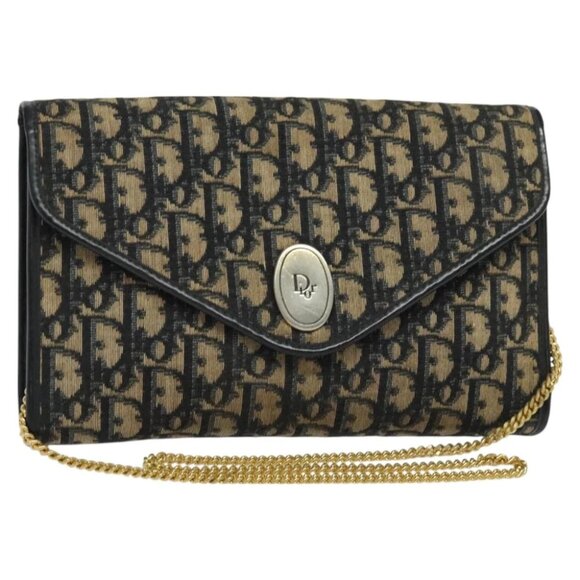 Christian Dior Trotter Canvas Chain Shoulder Bag Navy Gold Auth - Picture 1 of 15